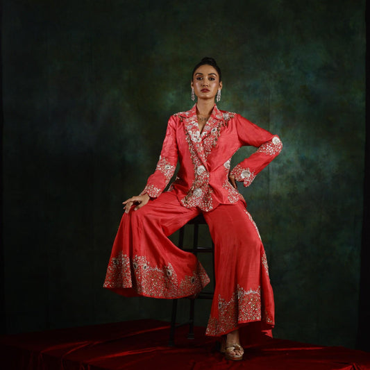 Tomato Red Jacket With Kali Pant