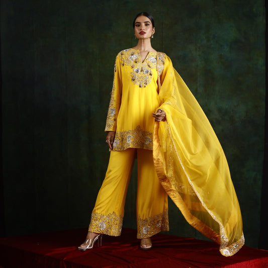 Yellow Short Kurta With Pant & Dupatta