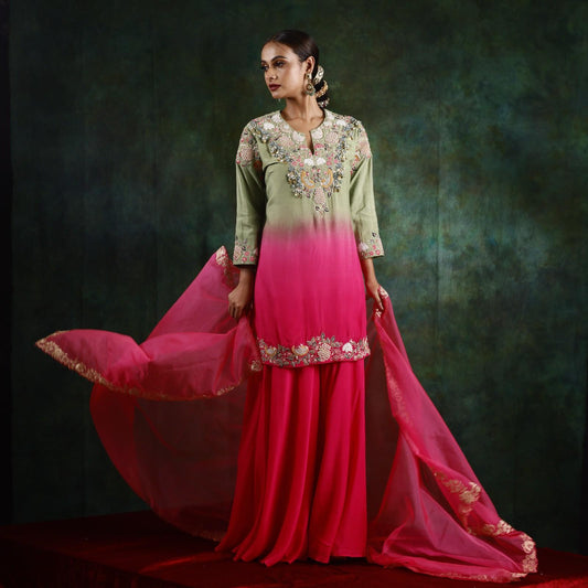 Sage Green & Hot Pink Short Kurta With Hot Pink Palazzo & Dupatta